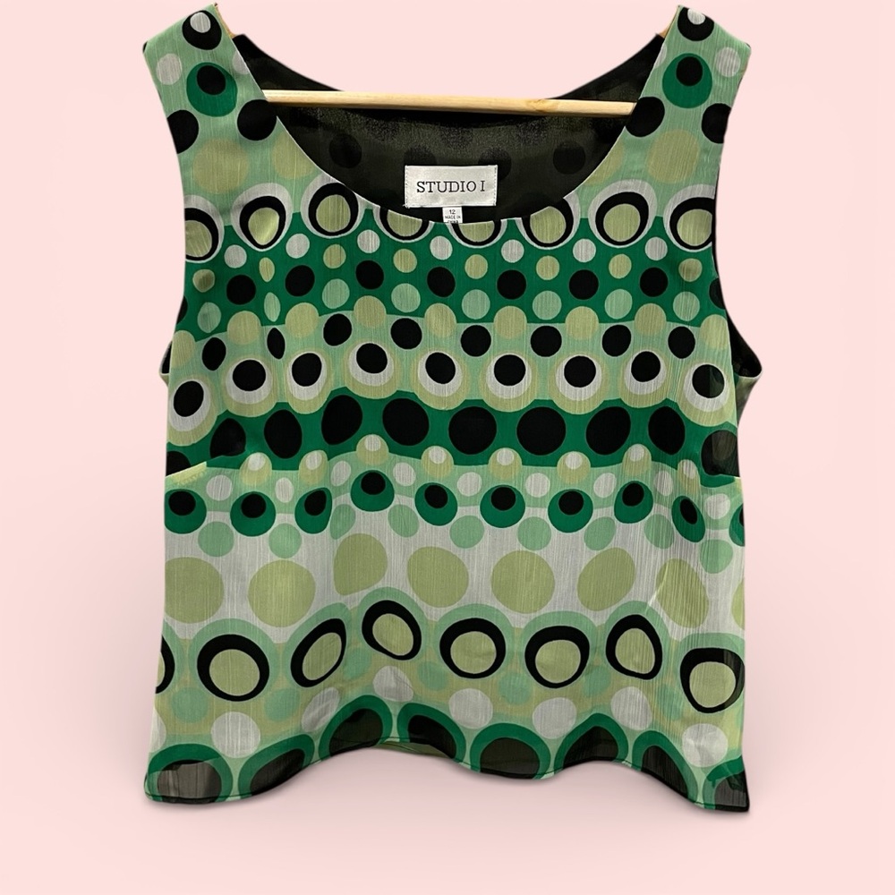 Cute martini olive flowy crinkle sleeveless lined blouse Y2K cocktails